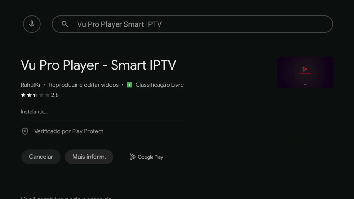 Ficha do Vu Pro Player na Google Play da TCL, com nome e desenvolvedor RahulKr
