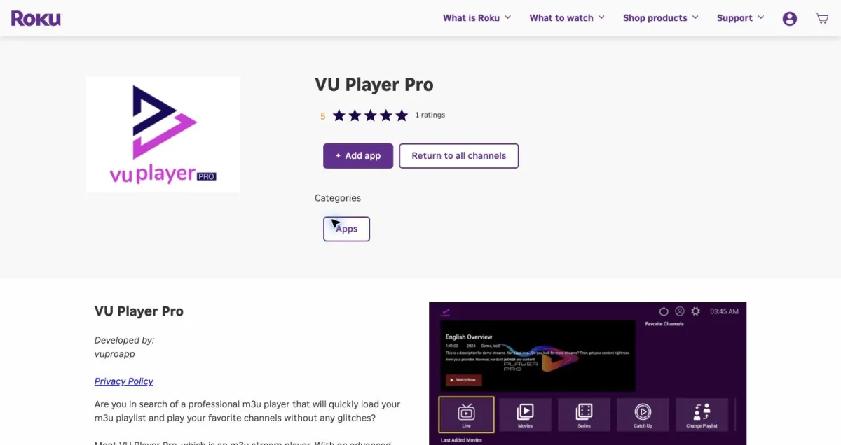 Ficha VU Player Pro na Roku Streaming Store, desenvolvida por vuproapp