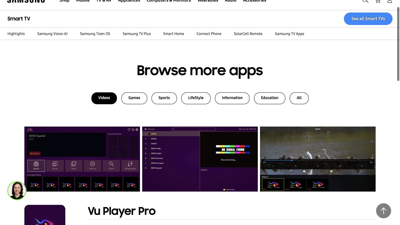 Ficha oficial do Vu Player Pro na Samsung TV Apps