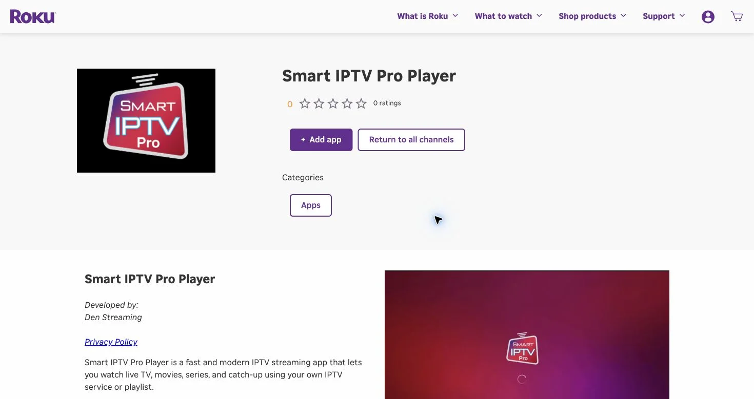 Ficha Smart IPTV Pro Player na Roku Streaming Store, desenvolvida por Den Streaming
