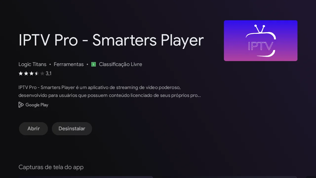 Ficha do IPTV Pro Smarters Player na Google Play da TCL, com desenvolvedor Logic Titans