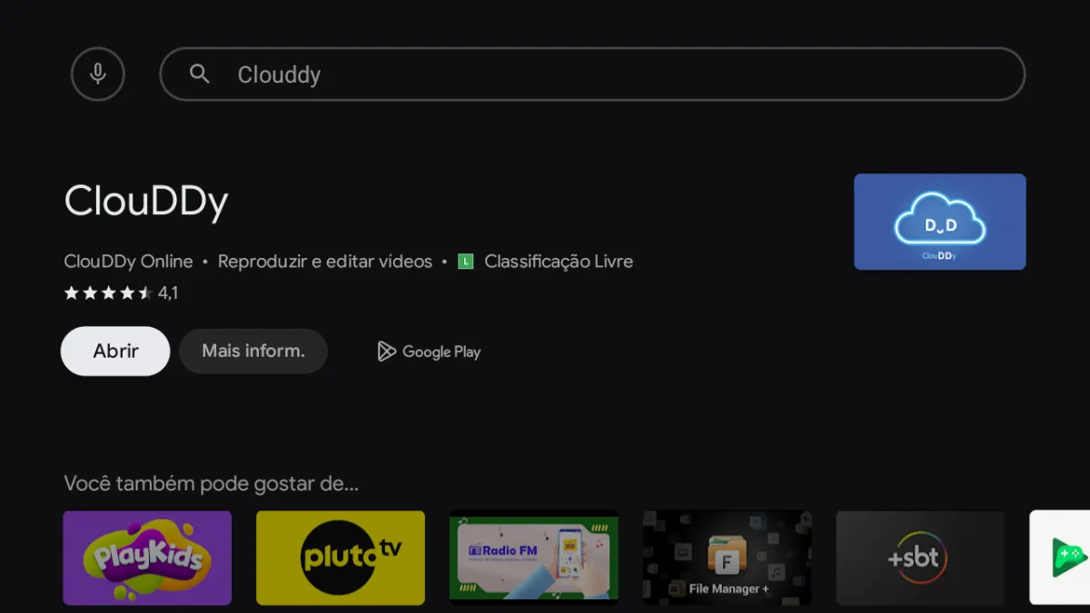 Ficha do ClouDDy na Google Play da TCL, com desenvolvedor ClouDDy Online