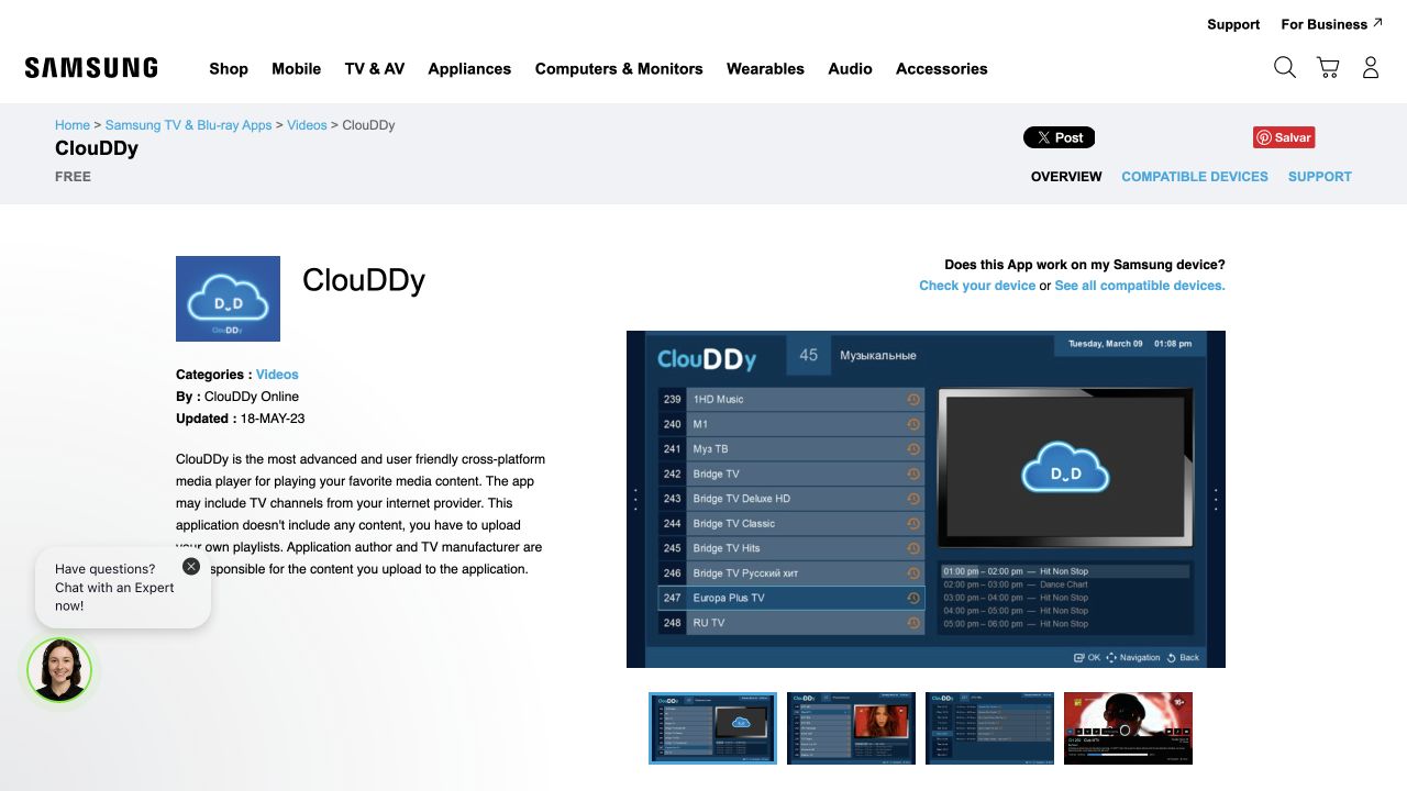 Ficha oficial do ClouDDy na loja Samsung, com vendedor ClouDDy Online