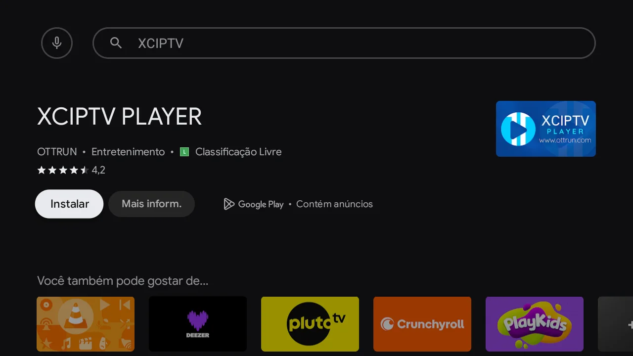Ficha do XCIPTV Player na Google Play da TCL, com desenvolvedor OTTRUN