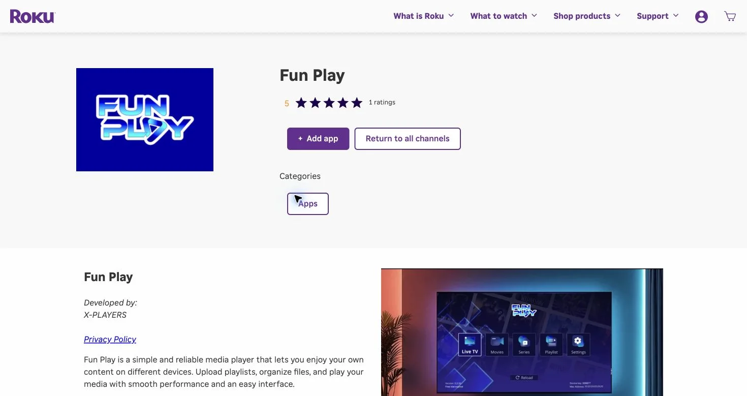 Ficha Fun Play na Roku Streaming Store, desenvolvida por X-PLAYERS
