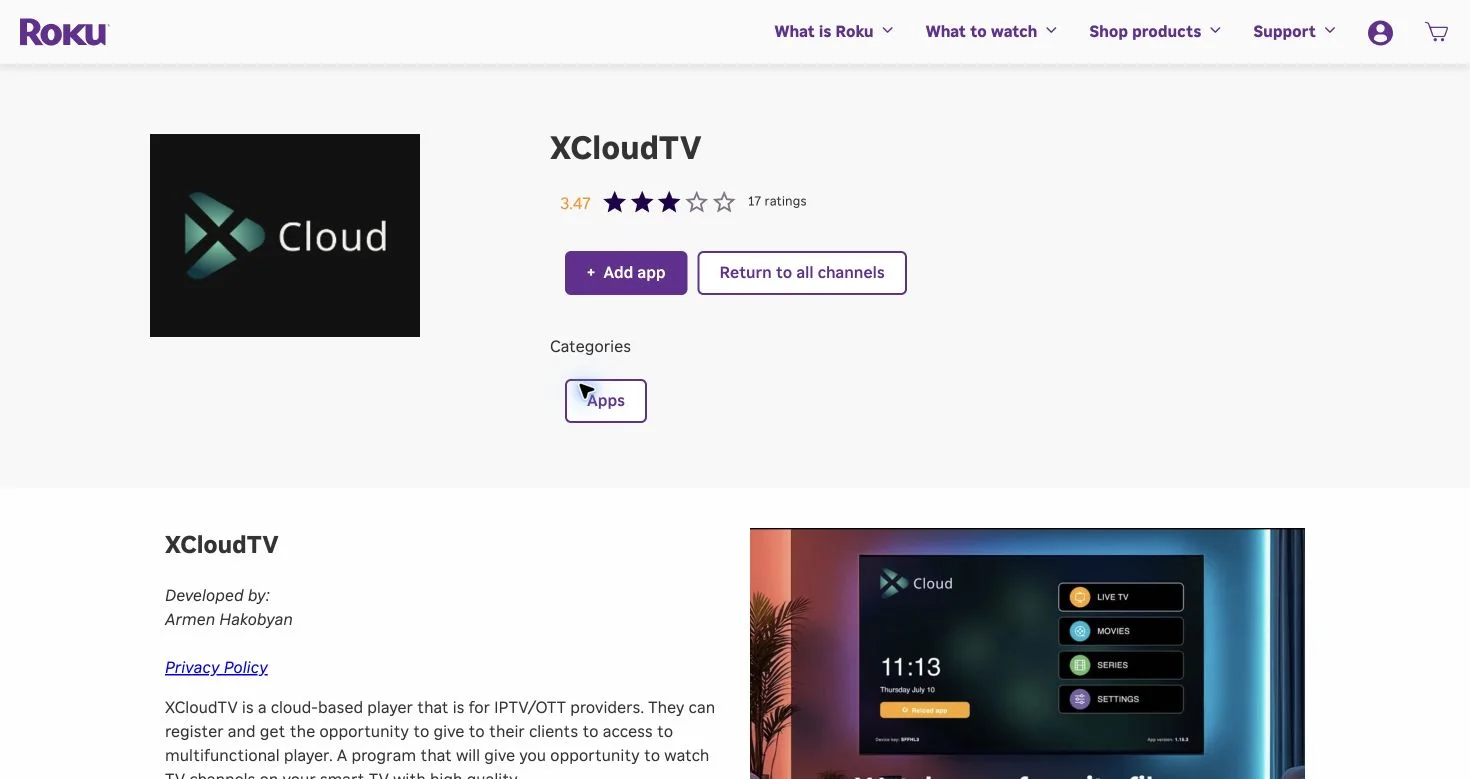 Ficha XCloudTV na Roku Streaming Store, desenvolvida por Armen Hakobyan