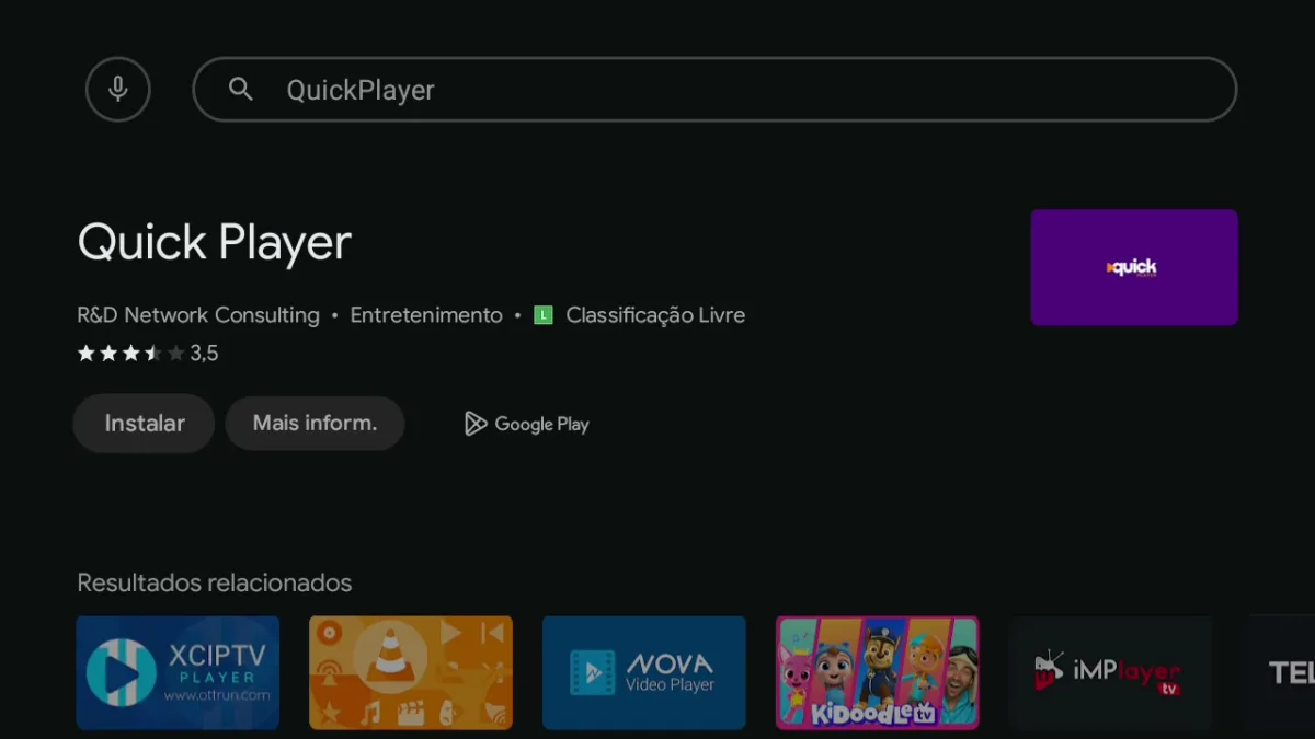 Ficha do Quick Player na Google Play da TCL, com desenvolvedor R&D Network Consulting