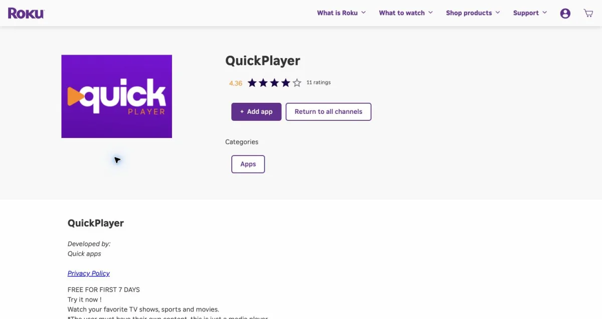 Ficha QuickPlayer na Roku Streaming Store, desenvolvida por Quick apps