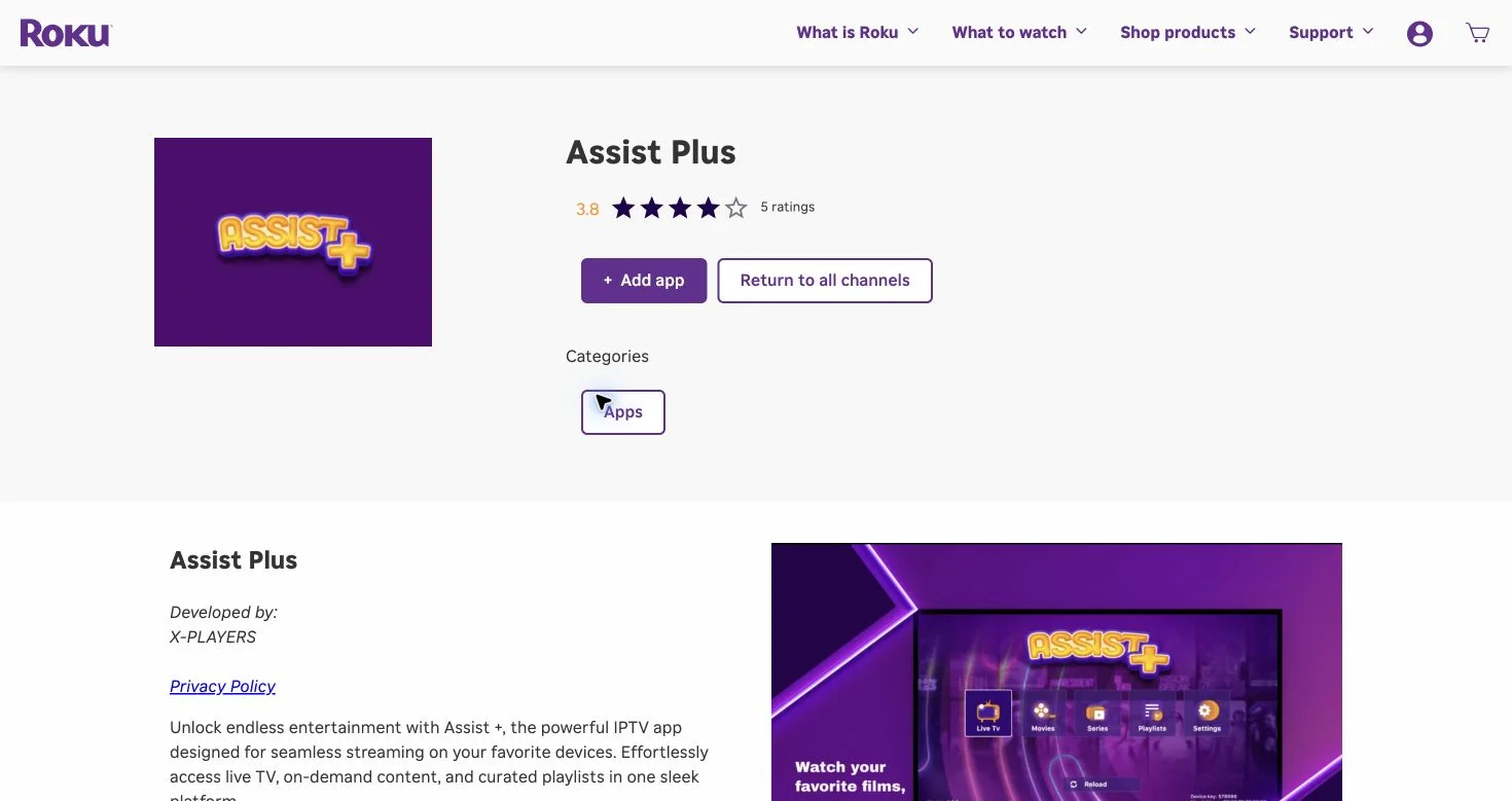 Ficha Assist Plus na Roku Streaming Store, desenvolvida por X-PLAYERS