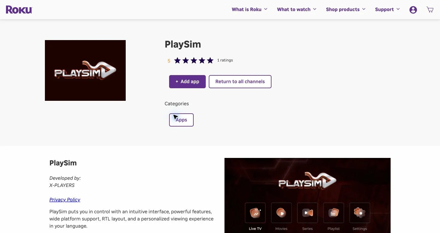 Ficha PlaySim na Roku Streaming Store, desenvolvida por X-PLAYERS