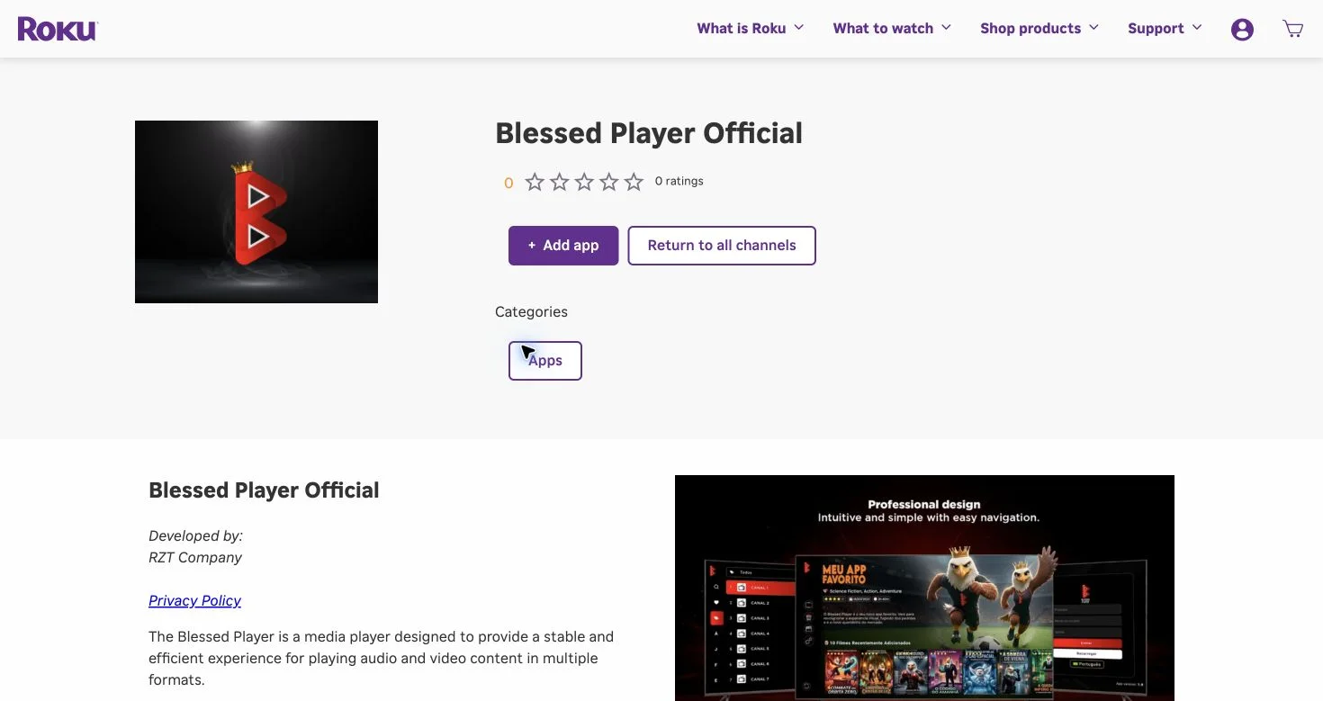 Ficha Blessed Player Official na Roku Streaming Store, desenvolvida por RZT Company