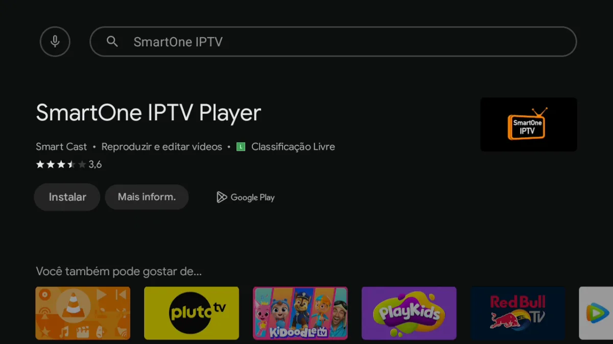 Ficha do SmartOne IPTV Player na Google Play da TCL, com desenvolvedor Smart Cast