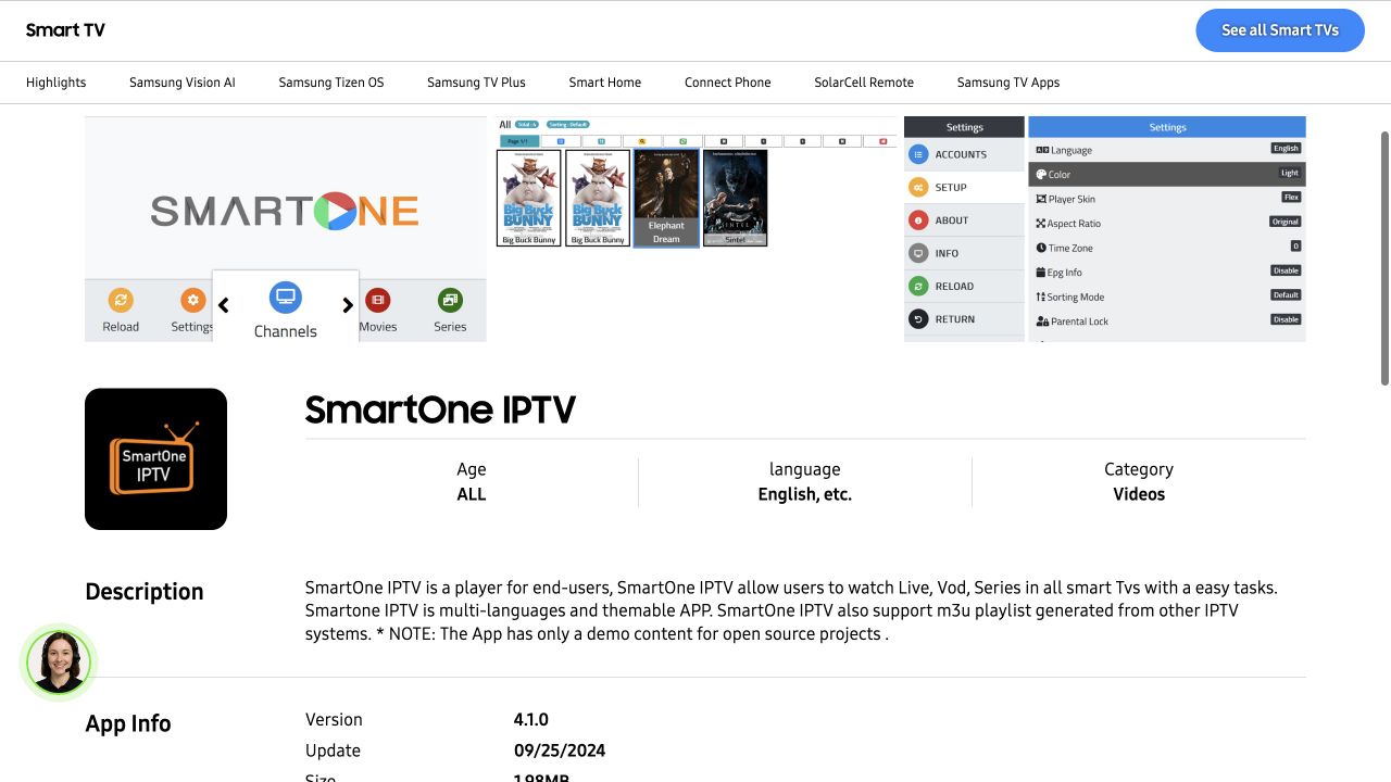 Ficha oficial do SmartOne IPTV na Samsung TV Apps