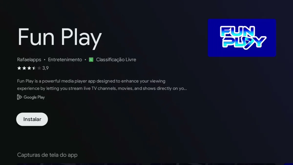 Ficha do Fun Play na Google Play da TCL, com desenvolvedor Rafaelapps