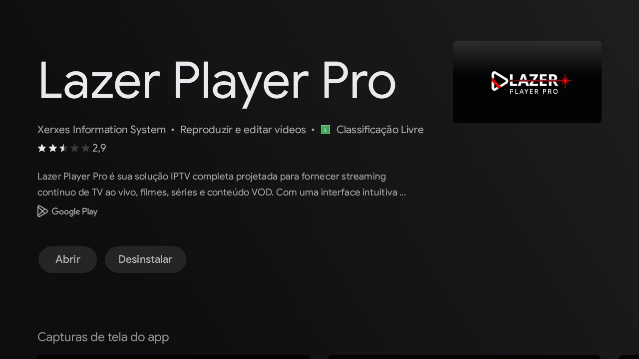 Ficha do Lazer Player Pro na Google Play da TCL, com desenvolvedor Xerxes Information System