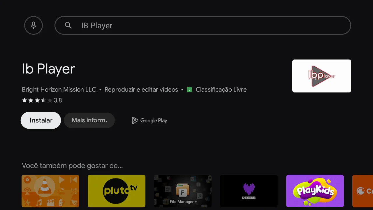 Ficha do Ib Player na Google Play da TCL, com desenvolvedor Bright Horizon Mission LLC