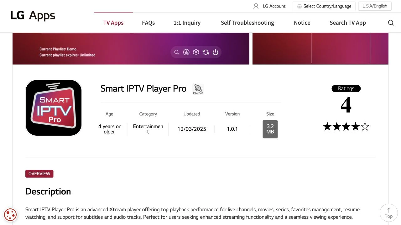 Ficha oficial do Smart IPTV Player Pro na LG Apps, vendido por Smart IPTV Pro e com ícone vermelho e rosa SMART IPTV Pro