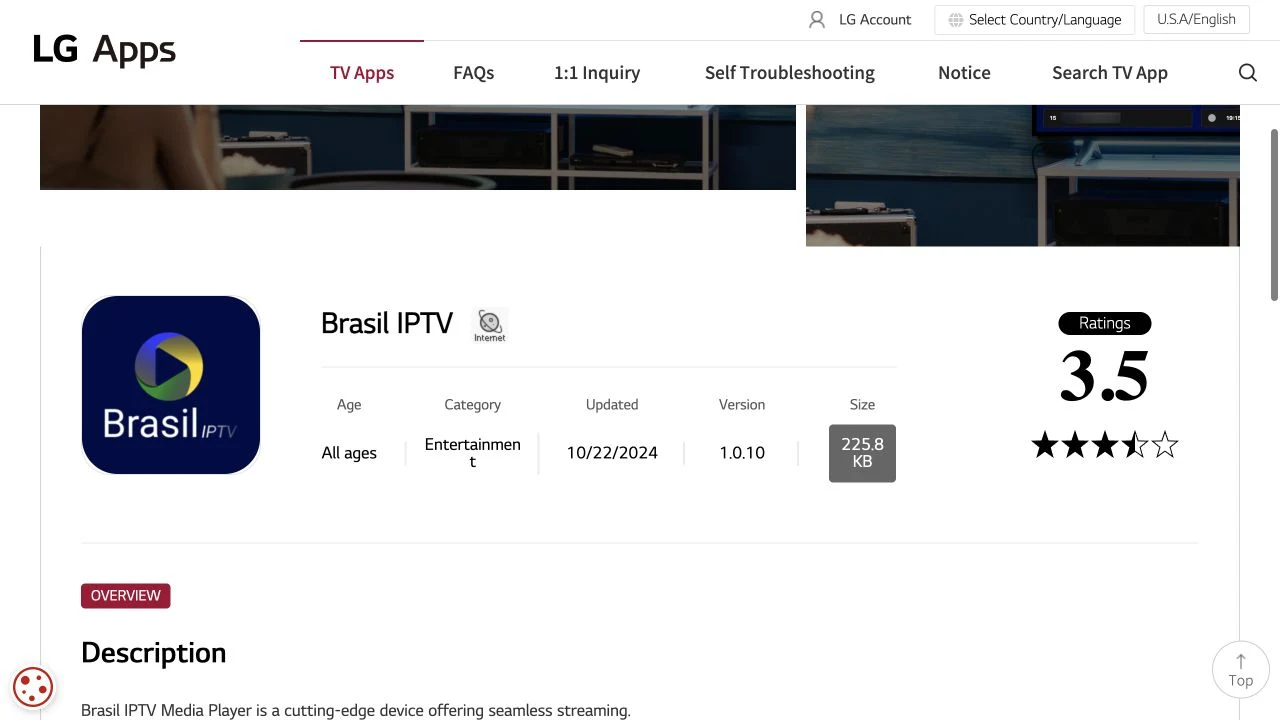 Ficha oficial do Brasil IPTV na LG Content Store do Brasil.