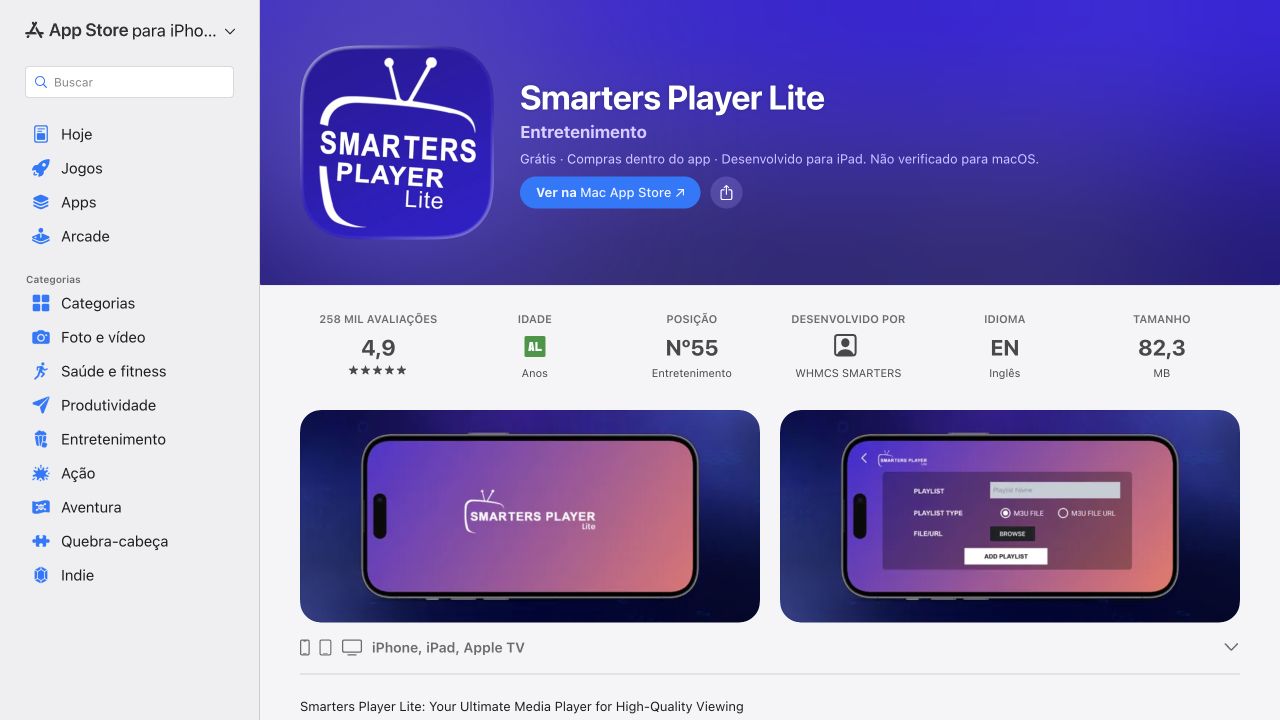 Ficha do Smarters Player Lite na App Store para iPhone e iPad, desenvolvida por WHMCS SMARTERS.