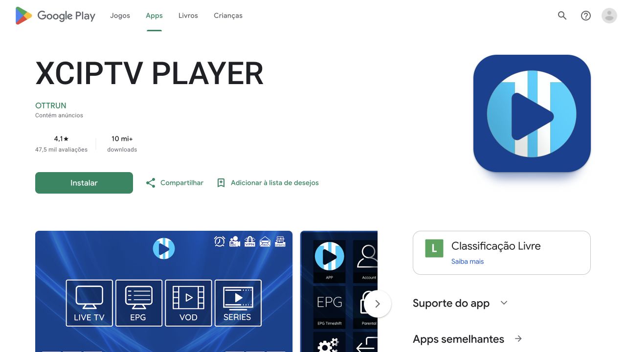 Ficha do XCIPTV PLAYER na Google Play para celular e tablet, desenvolvida por OTTRUN.