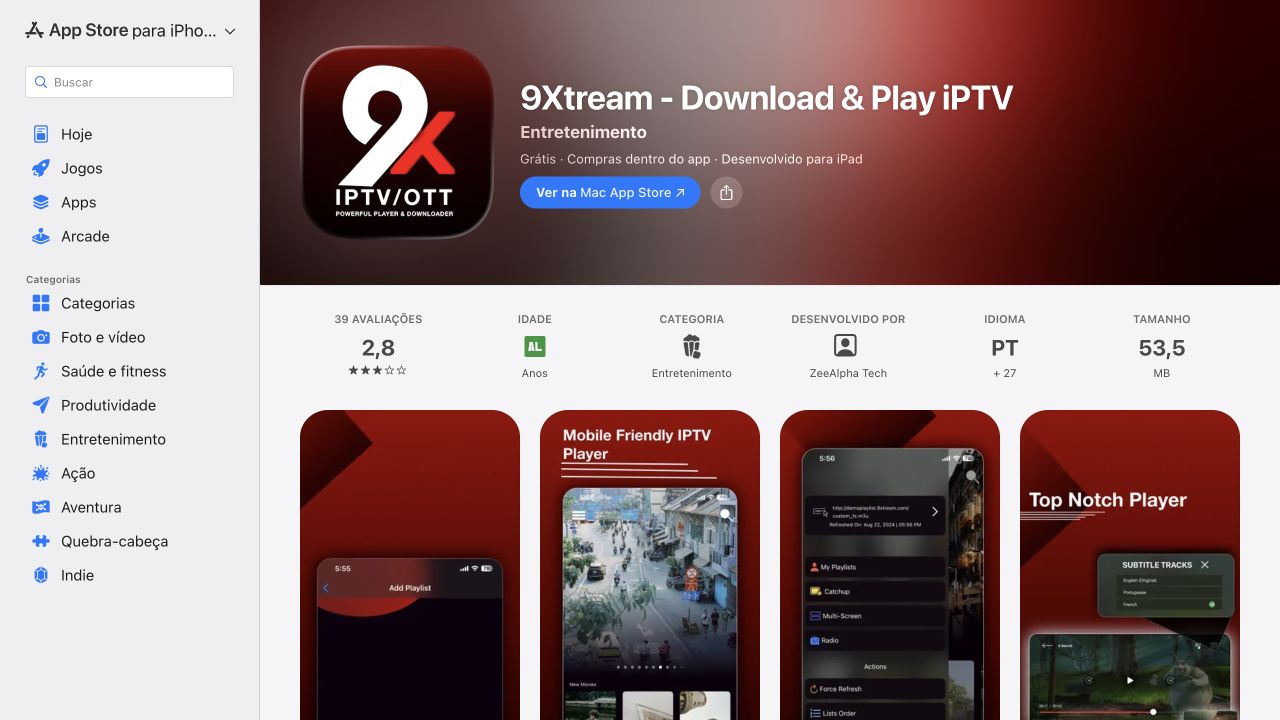 Ficha do 9Xtream na App Store para iPhone e iPad, desenvolvida por ZeeAlpha Tech.